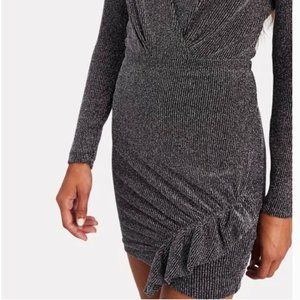 NWT IRO Noize Ruffle Wrap Metallic Silver Black Rib Knit Mini Party Dress 40